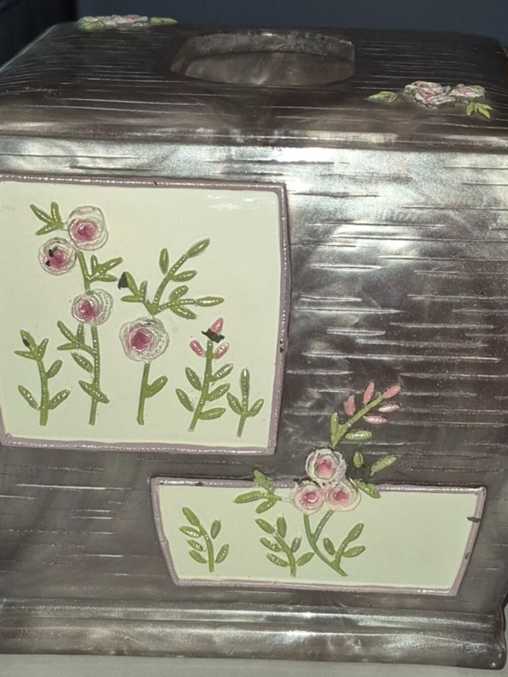 Pearlescent "Bridal Rose" Resin Square Tissue Box Cover Holder 3-D Floral NEW